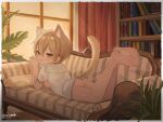  1boy animal_ears ass barefoot blonde_hair bookshelf brown_eyes cat_boy cat_ears cat_tail extra_ears highres indoors looking_at_viewer looking_back male_child male_focus omurice_(roza4957) original shirt short_hair short_sleeves t-shirt tail white_shirt window 