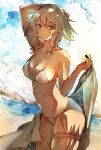  1girl beach bikini blue_sky copyright_request highres izayoi_sakuya kamu_kotan medium_hair sky swimsuit touhou towel 