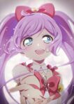  1girl :d absurdres ahoge bare_shoulders blue_eyes bow detached_collar detached_sleeves foreshortening hair_bow highres hokahoka_yudoufu light_particles long_hair looking_at_viewer manaka_laala open_mouth outstretched_arm pink_bow pink_lips pretty_series pripara puffy_detached_sleeves puffy_sleeves purple_hair reaching reaching_towards_viewer smile solo treble_clef twintails upper_body very_long_hair white_sleeves 
