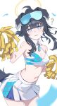  1girl ? animal_ears black_hair blue-tinted_eyewear blue_archive blue_eyes breasts cleavage commentary crop_top detached_collar dog_ears dog_girl dog_tail eyewear_on_head halo halterneck hibiki_(blue_archive) hibiki_(cheerleader)_(blue_archive) highres medium_breasts midriff navel parted_lips pleated_skirt pom_pom_(cheerleading) safety_glasses short_hair short_hair_with_long_locks sidelocks simple_background skirt solo star_(symbol) tail tearing_up tinted_eyewear udon_f white_background yellow_halo 