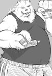  2023 anthro bear belly big_belly bottomwear clothing hi_res humanoid_hands kemono male mammal overweight overweight_male pants shirokumaou shirt simple_background solo topwear 