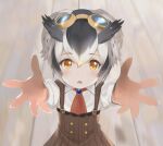  bird_girl bird_wings blush brown_dress brown_gloves collared_shirt dress gloves goggles goggles_on_head head_wings highres ieinu_account kemono_friends kemono_friends_3 long_sleeves looking_at_viewer necktie northern_white-faced_owl_(kemono_friends) official_alternate_hairstyle orange_eyes owl_ears pov reaching_towards_viewer red_necktie shirt suspenders white_shirt wings 