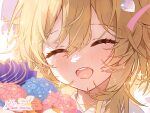  1girl ^_^ apple_caramel artist_name blonde_hair blush bouquet close-up closed_eyes flower gem_hair_ornament genshin_impact hair_between_eyes happy heart-shaped_gem lumine_(genshin_impact) open_mouth portrait sidelocks signature solo teeth upper_teeth_only 