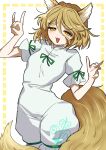  1girl :d animal_ears blonde_hair breasts cowboy_shot double_fox_shadow_puppet fox_ears fox_shadow_puppet fox_tail green_ribbon hair_between_eyes half-closed_eyes hands_up highres kudamaki_tsukasa open_mouth oyatu_yatu ribbon short_hair short_sleeves simple_background small_breasts smile solo tail touhou white_romper 