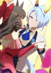  2girls absurdres animal_ears blue_eyes blue_hair blurry blurry_foreground bow brown_hair closed_mouth collared_shirt corsage daiichi_ruby_(umamusume) dancing dress drill_hair ear_covers eye_contact glint gloves hair_bow half_gloves hand_on_another&#039;s_back hand_on_another&#039;s_shoulder highres holding_hands horse_ears horse_girl horse_tail izu_lemon k.s.miracle_(umamusume) long_hair long_sleeves looking_at_another multiple_girls red_dress shirt short_hair smile tail umamusume upper_body white_gloves white_shirt yuri 