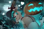  &lt;3 anthro blue_eyes blue_hair breasts clothed clothing danae_(character) deer dutch_angle female full_moon garter_belt garter_straps genitals hair halloween hat headgear headwear hi_res holidays inner_ear_fluff jack-o&#039;-lantern legwear light low-angle_view mammal moon moonlight mostly_nude night nipples partially_clothed pussy smile solo stockings thick_thighs thigh_highs tuft witch_hat zero-sum 