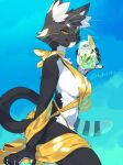  anthro beverage black_body black_fur clothing domestic_cat felid feline felis female fur hi_res holding_beverage holding_object kame_3 mammal simple_background smile solo swimwear tail whiskers yellow_clothing yellow_eyes yellow_swimwear 