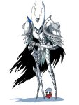  1girl 1other aged_down armor armored_boots arthropod_girl black_cape black_eyes blank_eyes blue_eyes blush blush_stickers boots breastplate cape child cloak commentary_request full_body gauntlets gloves grey_footwear grey_gloves hands_on_hilt hollow_knight hollow_knight_(character) hornet_(hollow_knight) nail_(hollow_knight) own_hands_together pauldrons red_cloak sakana_2-gou shoulder_armor simple_background standing white_background 