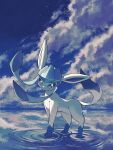  aqua_eyes cloud commentary_request full_body glaceon highres kuchiba_(jret2454) looking_at_viewer no_humans outdoors pokemon pokemon_(creature) ripples signature sky solo standing 