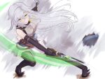  1girl absurdres belt boots dual_wielding eiyuu_densetsu elbow_gloves fie_claussell fingerless_gloves gloves green_eyes gunblade hat highres holding holding_weapon kuro_no_kiseki long_hair looking_at_viewer open_mouth sidelocks sketch solo thighhighs weapon white_hair witch_f 
