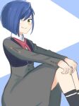  1girl asymmetrical_bangs black_socks blue_background blue_hair blush bob_cut closed_mouth commentary darling_in_the_franxx feet_out_of_frame food fruit green_eyes grey_jacket grey_skirt hair_over_one_eye hands_on_own_knees highres ichigo_(darling_in_the_franxx) jacket knees_up long_sleeves looking_at_viewer looking_to_the_side military military_uniform necktie red_necktie short_hair sitting skirt smile socks solo strawberry uniform white_background yoichomaru 