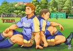 2boys back-to-back bara blue_shirt brown_hair buzz_cut cover cover_page dolphin_shorts doujin_cover facial_hair feet_out_of_frame goatee goatee_stubble imminent_hand_holding kobucha looking_at_viewer male_focus multiple_boys muscular muscular_male original outdoors pectorals rugby rugby_uniform shirt short_hair shorts sideburns sideways_glance sitting smile socks sportswear tareme thighs very_short_hair 