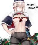  1girl areola_slip artoria_pendragon_(fate) bell black_pantyhose blonde_hair blush bow breasts capelet christmas christmas_tree closed_mouth covered_navel fate/grand_order fate_(series) gift hair_bow hand_on_own_hip hat jingle_bell long_hair looking_at_viewer medium_breasts merry_christmas misaka_12003-gou panties_visible_through_clothes pantyhose red_ribbon ribbon ribbon_bra saber_alter santa_alter santa_hat simple_background solo white_background yellow_eyes 