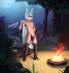  absurd_res animal_humanoid big_penis biped bulge campfire eyebrows eyewear fire genitals glasses hair hi_res humanoid lagomorph lagomorph_humanoid leporid_humanoid male mammal mammal_humanoid mg_art navel penis plant pubes rabbit_humanoid red_eyes solo taiyo_akari tree white_hair 