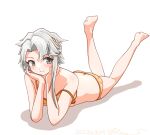  1girl akishimo_(kancolle) ass asymmetrical_hair bra breasts brown_hair gradient_hair grey_eyes hair_ornament hands_on_own_face kantai_collection leaf_hair_ornament lying multicolored_hair on_stomach one-hour_drawing_challenge orange_bra orange_panties panties ray.s short_hair short_hair_with_long_locks simple_background small_breasts smile solo strap_slip underwear underwear_only white_background 