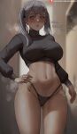 1girl ass_visible_through_thighs black_clover black_panties black_sweater blurry blurry_background breasts commentary cropped_sweater cross cross_earrings earrings english_text grey_hair hand_on_own_hip highleg highleg_panties highres indoors jewelry large_breasts long_hair long_sleeves looking_at_viewer navel noelle_silva oroborus paid_reward_available panties parted_lips patreon_logo patreon_username purple_eyes solo steaming_body sweater thong twintails underwear web_address 
