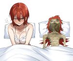  1girl bare_shoulders bed_sheet blanket blush bra breasts cleavage closed_mouth collarbone flying_sweatdrops green_eyes grey_background grey_eyes hair_between_eyes hanny_(uirusu_chan) heterochromia highres hina_tachibana_(hanny) large_breasts long_hair meme mexico_ufo_alien_bodies_hearing_(meme) original pillow real_life_insert red_hair short_hair simple_background underwear white_bra 