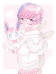  1girl alternate_color alternate_hair_color backpack bag blue_hair cowboy_shot glasses grey_eyes heart highres holding holding_pokemon looking_at_viewer mewfi penny_(pokemon) pink_hair pink_theme pokemon pokemon_(creature) pokemon_(game) pokemon_masters_ex round_eyewear sweater sylveon 