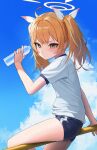  1girl absurdres black_shorts blonde_hair blue_archive blush bottle closed_mouth day feet_out_of_frame gym_shirt gym_shorts gym_uniform hair_ribbon halo highres holding holding_bottle long_hair momocadraw outdoors ribbon shirt short_sleeves shorts solo sweat twintails water_bottle white_ribbon white_shirt yellow_eyes yellow_halo yoshimi_(blue_archive) 