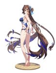  1girl :d absurdly_long_hair absurdres alternate_costume arm_behind_back arm_up armpits barefoot blue_headwear braid breasts brown_eyes brown_hair feet full_body heel_up highres honkai_(series) honkai_impact_3rd huiqian large_breasts legs li_sushang li_sushang_(jade_knight) long_hair looking_at_viewer looking_back smile soles solo toes very_long_hair 