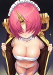  1girl bandages bare_shoulders blush bracelet breasts cleavage collarbone fate/grand_order fate_(series) frankenstein&#039;s_monster_(fate) frankenstein&#039;s_monster_(swimsuit_saber)_(fate) hair_over_eyes headgear highres hitotsuki_nebura horns jewelry large_breasts maid_headdress mechanical_horns naked_bandage navel open_clothes open_mouth pink_hair short_hair single_horn thighs veil 