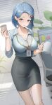  1girl absurdres black_skirt blue_eyes blue_hair breasts button_gap cleavage cup disposable_cup hair_behind_ear hair_ornament hairclip highres holding holding_cup jeon-eo_konoshiro large_breasts looking_at_viewer medium_hair office office_lady original pencil_skirt shirt skirt smile white_shirt 