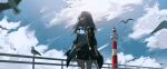  1girl absurdres bird black_gloves black_jacket black_skirt blue_sky brown_hair cloud cloudy_sky cowboy_shot de4d_fish floating_hair gloves grey_shirt hair_between_eyes highres honkai:_star_rail honkai_(series) jacket legs_apart lighthouse long_hair long_sleeves looking_to_the_side miniskirt open_clothes open_jacket orange_eyes parted_lips railing seagull shirt side_slit sidelocks skirt sky sleeves_rolled_up solo stelle_(honkai:_star_rail) thighs trailblazer_(honkai:_star_rail) 