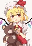  1girl ascot back_bow blonde_hair bow collared_shirt crystal flandre_scarlet frilled_shirt_collar frills hair_between_eyes hat hat_ribbon head_tilt highres holding holding_stuffed_toy large_bow looking_at_viewer medium_hair mob_cap multicolored_wings one_side_up open_mouth pointy_ears puffy_short_sleeves puffy_sleeves red_eyes red_ribbon red_vest ribbon ribbon-trimmed_headwear ribbon_trim shirt short_sleeves simple_background solo stuffed_animal stuffed_toy teddy_bear tksand touhou upper_body vest white_background white_bow white_headwear white_shirt wings yellow_ascot 