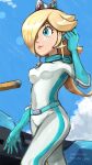  1girl biker_rosalina blonde_hair blue_bodysuit blue_eyes blue_gloves blue_sky bodysuit cloud crown dated earrings elbow_gloves gloves hair_over_one_eye highres jewelry long_hair mario_(series) mario_kart outdoors rosalina sky ya_mari_6363 