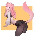  absurd_res anthro bent_over big_butt blue_eyes breasts butt butt_focus clothing fangs female fur hair hi_res kemono looking_at_viewer looking_back open_mouth pink_body pink_fur pink_hair smile solo tail teeth thick_thighs utterangle 