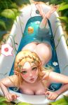 1girl ass barefoot bath bathing bathtub blonde_hair braid breasts commentary completely_nude crossed_ankles crossed_legs crown_braid english_commentary feet feet_up flower flower_on_liquid green_eyes hair_ornament hairclip highres hotaru_sen lips long_hair looking_at_viewer medium_breasts mole mole_on_arm mole_on_ass mole_on_breast mole_on_leg multiple_moles nude partially_submerged petals plant pointy_ears princess_zelda rubber_duck soles solo the_legend_of_zelda the_legend_of_zelda:_tears_of_the_kingdom toes vines wet wet_hair 