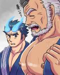  2boys bara blue_fire breasts_day fiery_horns fire forked_eyebrows from_side girl_staring_at_guys_chest_(meme) good_breasts_day hair_slicked_back hogen_(housamo) horns large_pectorals looking_at_another looking_at_pectorals looking_down male_focus mature_male meme multiple_boys muscle_envy muscular muscular_male old old_man pectoral_cleavage pectorals pikako182 sakimori_toji scar scar_on_cheek scar_on_face short_hair sweat thick_beard thick_eyebrows tokyo_afterschool_summoners translation_request upper_body very_sweaty 