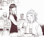  2dk_g_pen_mezamashidokei ahoge crossover cup fujimura_kaede holding holding_cup monochrome oosawa_yayoi ponytail sitting smile standing take_out_deki_masu_ga ueno_(take_out_deki_masu_ga) waitress 