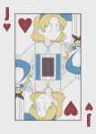  1girl alice_(alice_in_wonderland) alice_in_wonderland alice_margatroid alice_margatroid_(pc-98) black_headwear blonde_hair blue_hairband blue_headwear bolos bow card dress hair_bow hair_ornament hair_ribbon hairband heart jack_(playing_card) jack_of_hearts long_hair marionette playing_card puppet puppet_strings ribbon shirt short_hair suspenders touhou touhou_(pc-98) wings 