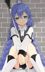  1girl 3: ahoge blue_eyes blue_hair boots braid brick_wall closed_mouth commentary crossed_bangs eyelashes feet_out_of_frame frown hair_between_eyes head_tilt highres holding holding_staff knees_together_feet_apart knees_up light_blush long_braid long_hair long_sleeves looking_at_viewer low_twin_braids mage_staff mochimugi_rice mushoku_tensei own_hands_together panties panty_peek roxy_migurdia shirt sidelocks sitting solo staff twin_braids underwear v_arms very_long_hair white_footwear white_panties white_shirt 