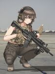  1girl absurdres airfield amane_suzuha assault_rifle brown_gloves brown_hair brown_pants camouflage chest_rig commission eotech fingerless_gloves gloves grey_tank_top gun highres keiita looking_at_viewer m4_carbine optical_sight pants plate_carrier rifle smile solo squatting steins;gate tactical_clothes tank_top trigger_discipline vertical_foregrip weapon woodland_camouflage 
