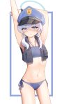  1girl absurdres arms_up bikini blue_archive blue_bikini blue_eyes blue_halo blue_headwear blush closed_mouth cowboy_shot fang flat_chest grey_hair halo hat highres long_hair navel peaked_cap ricke_2002 side-tie_bikini_bottom skin_fang solo swimsuit valkyrie_police_academy_student_(blue_archive) 