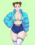  alternate_costume blue_bra blue_jacket blue_shorts bra breasts brown_eyes brown_hair chun-li cleavage collarbone double_bun gold_bra green_background hair_bun hair_pulled_back jacket lips meziosaur midriff shorts simple_background sportswear street_fighter thighhighs toned underwear white_thighhighs 