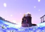  2boys black_gloves blood blood_on_clothes blue_flower coat commentary_request day field fisheye flower flower_field full_body gloves grey_coat hug long_sleeves mit_(necomit) multiple_boys outdoors petals purple_sky ragnarok_online short_hair sitting sky warlock_(ragnarok_online) white_hair 