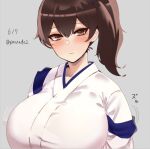  1girl breasts brown_hair grey_background huge_breasts japanese_clothes kaga_(kancolle) kantai_collection kimono looking_at_viewer paundo2 side_ponytail simple_background solo tasuki white_kimono yellow_eyes 