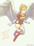  1girl blonde_hair breath_of_fire closed_eyes commentary english_text gofelem leotard nina_(breath_of_fire_i) red_leotard wings 