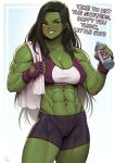  1girl abs absurdres blush bottle breasts cameltoe colored_skin fingerless_gloves gloves green_eyes green_hair green_skin highres large_breasts lips long_hair marvel muscular muscular_female she-hulk shorts smile speedl00ver sweat teeth towel veins 