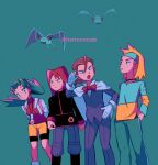  1girl 3boys :o bike_shorts black_jacket blonde_hair boots bow bowtie brown_hair closed_mouth eusine_(pokemon) gloves green_background green_eyes green_hair green_headband green_pants green_shirt hand_in_pocket hat headband hsngamess jacket kris_(pokemon) long_hair morty_(pokemon) multiple_boys open_clothes open_jacket pants pants_tucked_in pokemon pokemon_(creature) pokemon_(game) pokemon_gsc red_bow red_bowtie red_hair red_shirt shirt silver_(pokemon) twintails twitter_username watermark yellow_headwear zubat 