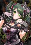  1girl absurdres bare_shoulders belt black_background black_bow black_dress black_gloves black_ribbon blush bow breasts chain chained chained_wrists cleavage commentary cross-laced_clothes cross-laced_dress cuffs d4dj detached_sleeves dress dyna_(d4) frilled_sleeves frills glove_bow gloves green_eyes green_hair grey_belt hair_bow hair_ribbon hands_up head_tilt highres lace-trimmed_dress lace_trim large_breasts long_hair neck_ribbon nervous_smile official_alternate_costume parted_lips purple_bow purple_dress purple_gloves purple_ribbon raised_eyebrows ribbon shimizu_esora short_sleeves sidelocks sleeveless sleeveless_dress smile solo standing strap_slip sweat swept_bangs twintails two-tone_bow two-tone_dress two-tone_gloves two-tone_ribbon upper_body 