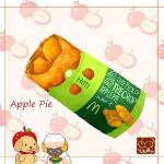  0_0 :3 animal apple_pie apple_print artist_logo artist_name black_eyes border chibi chibi_inset closed_mouth clothed_animal commentary_request copyright_name dog_(yuki00yo) eating english_text food food-themed_hat food_focus food_name happy holding holding_food logo looking_at_another mcdonald&#039;s no_humans orange_border original paper pie pink_background red_headwear sheep_(yuki00yo) signature smile solid_oval_eyes tongue tongue_out white_eyes yuki00yo 