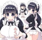  1girl apron ass black_eyes black_hair breasts chibi chibi_inset clothes_lift commentary flying_sweatdrops grabbing_own_breast highres huge_breasts long_hair maid maid_apron maid_headdress naitou_kouse original panties skirt skirt_lift translated twintails underwear 