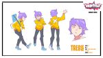  1boy amputee aqua_eyes black_pants blue_footwear blue_shirt character_profile grumpy hand_in_pocket highres instrument jacket multicolored_hair non-web_source official_art pants piano purple_hair reference_sheet shirt streaked_hair tied_sleeves treble_(unbeatable) unbeatable waving white_stripes x yellow_jacket 