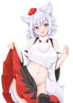  1girl animal_ear_fluff animal_ears bare_shoulders black_skirt blush breasts clothes_lift detached_sleeves embarrassed groin hand_up hat inubashiri_momiji large_breasts looking_at_viewer navel open_mouth pleated_skirt pom_pom_(clothes) red_eyes red_skirt rururiaru shirt short_hair simple_background skirt solo stomach tail tied_shirt tokin_hat touhou turtleneck two-tone_skirt white_background white_hair white_shirt white_sleeves wolf_ears wolf_girl wolf_tail 