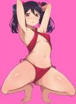  1girl armpits arms_behind_head ass bikini black_hair blush bow breasts cleavage full_body hair_bow highres looking_at_viewer love_live! navel red_background red_eyes simple_background small_breasts solo spread_legs squatting swimsuit thighs tiptoes twintails wewe yazawa_nico 