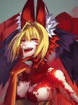  1girl absurdres ahoge animal_ears bare_shoulders blonde_hair breasts cleavage collarbone facial_mark fate/grand_order fate_(series) fur_collar hair_intakes highres large_breasts looking_at_viewer nero_claudius_(fate) obazzotto open_mouth queen_draco_(beast_vi/s)_(fate) queen_draco_(fate) red_eyes revealing_clothes sharp_teeth short_hair smile solo teeth v veil wolf_ears 